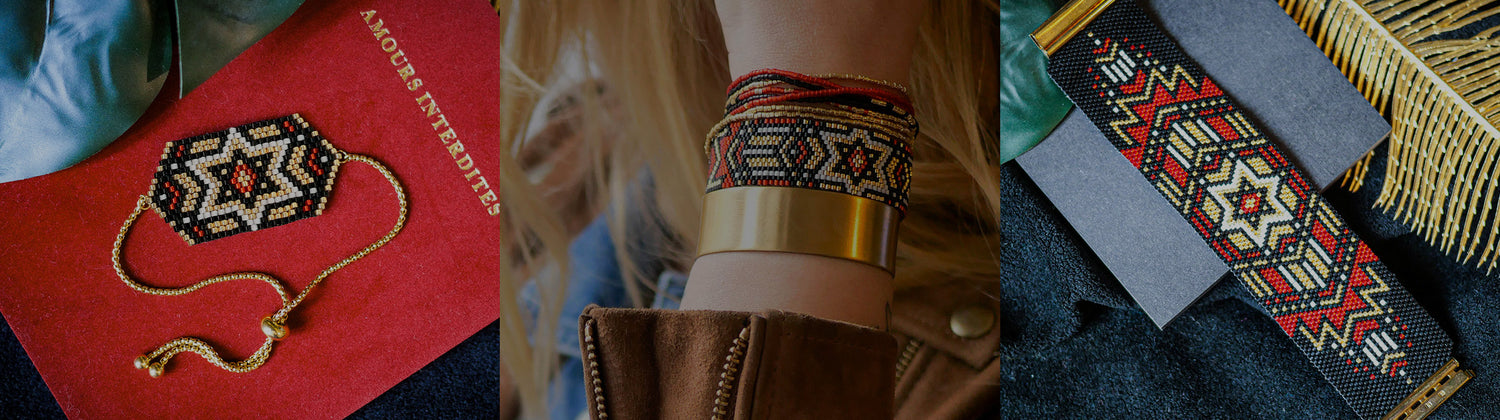 Collection Broadway bijoux en perles tissées rouge rubis et or